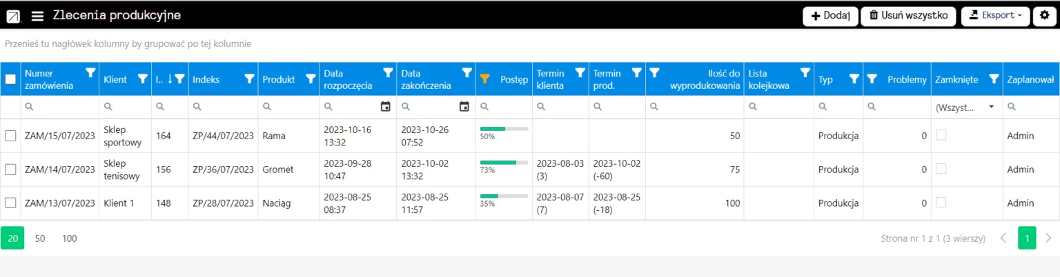 Lista zleceń produkcyjnych w systemie OptiMES