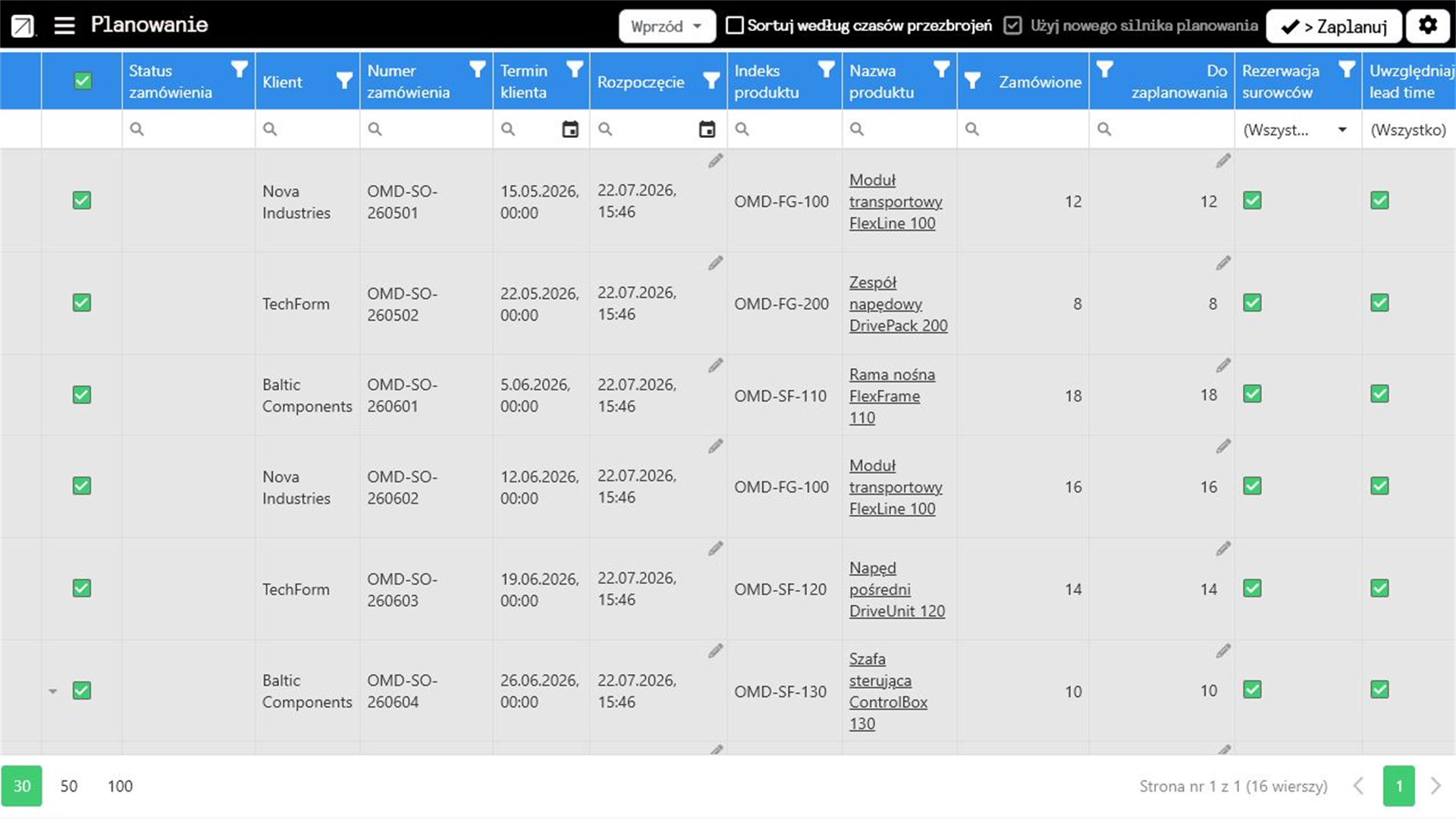 Widok planowania produkcji w systemie OptiAPS.