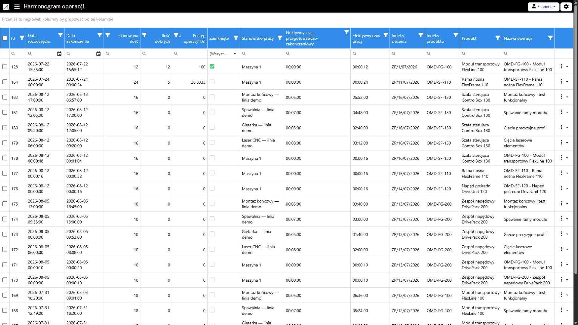 System MES Optimakers z panelem operatora oraz widokiem postępu i statusów zleceń produkcyjnych.
