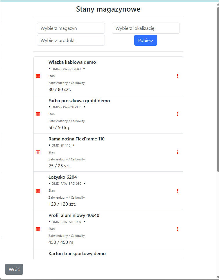 Terminal mobilny OptiWMS ze stanami magazynowymi w widoku pracownika.