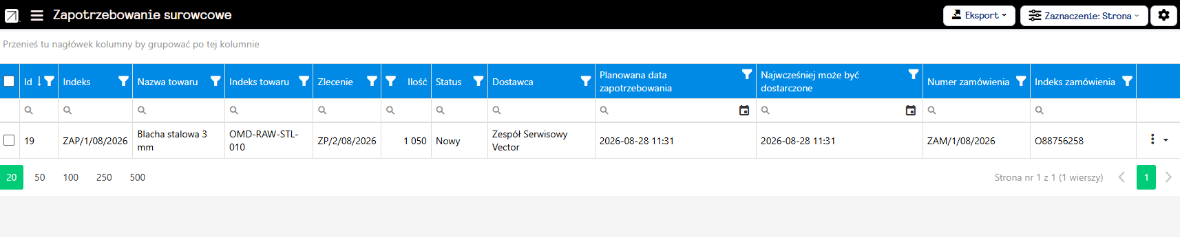 Widok listy zapotrzebowania surowcowego w systemie Optimakers
