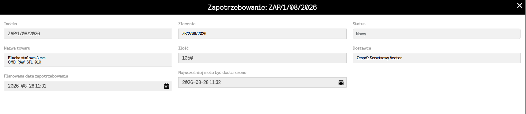 Szczegóły zapotrzebowania surowcowego w systemie Optimakers