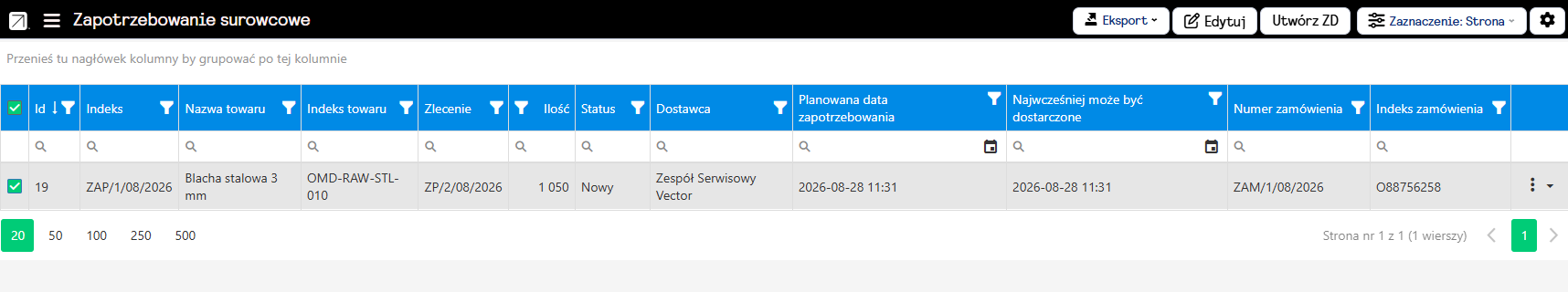 Tworzenie zamówienia do dostawcy na podstawie zapotrzebowania